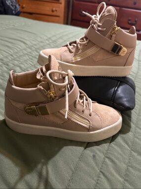 Giuseppe Zanotti Blush Suede & Leather High-Top Booties with Gold Hardware